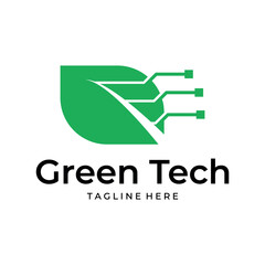 Green tech logo design template. leaf with digital data technology design graphic vector illustration