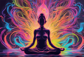 beautiful woman meditating on a background of colorful smoke. meditation.beautiful woman meditating on a background of colorful smoke. meditation.woman sitting in lotus pose. - obrazy, fototapety, plakaty