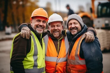 Foto op Canvas Men builders in reflective vests and helmets pose for photo smiling during work break. Cheerful workers friends in warm uniforms stand on construction site with operating tractor © Liaisan