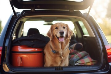 Dog sits in car trunk waiting for owner to return with ears perked up listening for sign. Domestic pet sitting in open car trunk waits return to home guarding owner things