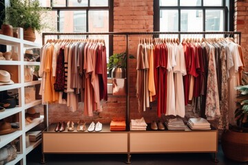 Fashion clothes on rack. High-end boutique found in upscale shopping districts and show renowned brands known for quality with craftsmanship. Walk-in wardrobe room with clothes on rack