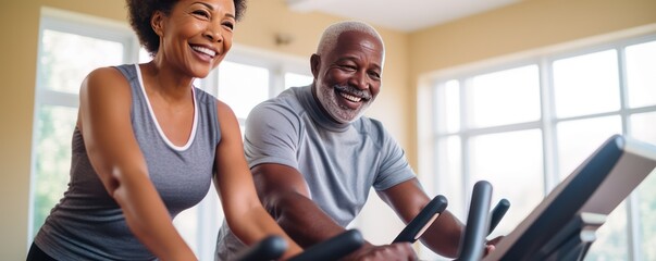 Fototapeta na wymiar African American couple actively working out on exercise bikes at home. African American senior man and woman do exercise on stationary bikes in home gym maintaining fitness levels