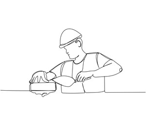 Bricklaying, building, building walls, worker in uniform lays bricks one line art. Continuous line drawing of repair, professional, hand, people, concept, support, maintenance.