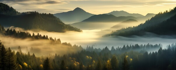 Misty shroud wrapped around rugged mountains and forest casting veil of secrecy over landscape. Fog conceals details of mountains with trees inviting greater sense of wonder with mystery - obrazy, fototapety, plakaty