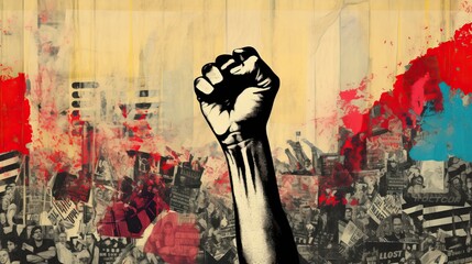Raised up fist as a symbol of confrontation. Street art with collages and newspapers. - obrazy, fototapety, plakaty