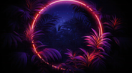 Red circle Neon shape With jungle floral Tropical. Isolated on black Background