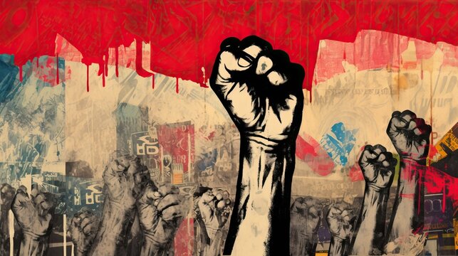 Upraised fist against the background of an agitated crowd. Symbol of revolution and confrontation.