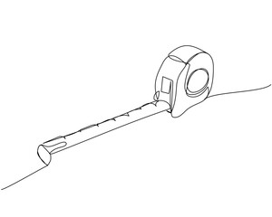 Tape measure, Construction tape, length measurement one line art. Continuous line drawing of repair, professional, hand, people, concept, support, maintenance.