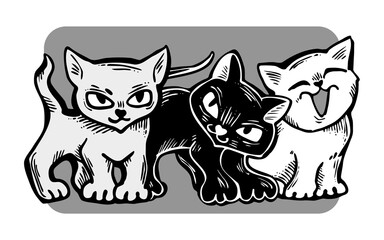 Cute cats friends sitting together. Decorative border, banner, postcard, poster print for kids room or birthday. Logo design for veterinary. Hand drawn illustration. Cartoon style character drawing.
