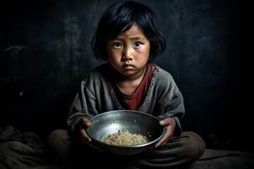 Dramatic photo of an undernourished Asian child in an unfit environment generative ai