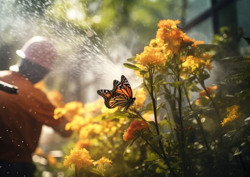 A double exposure shot of an exterminator spraying insecticide in a garden