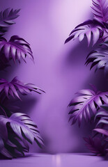 Fototapeta na wymiar Mural for the walls. Photo wallpapers for the room. Tropical leaves on a lilac background in the grunge style, Generative AI