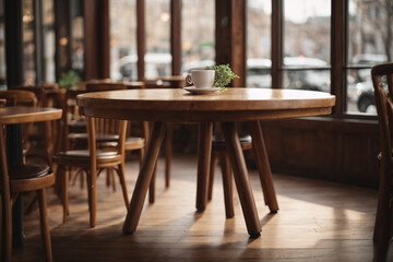Round wooden table in a charming café with a bustling city street outside.