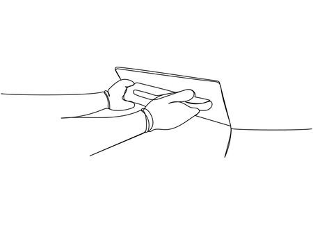 recommend clip art: Puttying walls, leveling walls, Professional Rectangular Steel Trowel one line art. Continuous line drawing of repair, professional, hand, people, concept, support, maintenance.