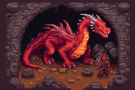 cartoon dragon with a dragon on a stone cartoon dragon with a dragon on a stone pixel cartoon character of red dragon in ancient stone