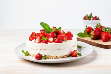 Delicious Strawberry Topped Cake on a White Plate Created With Generative AI Technology