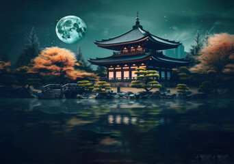 japan temple with night scene and moon