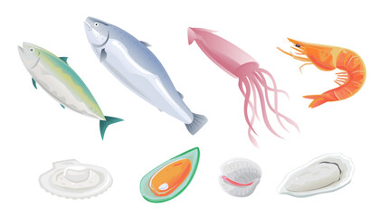 Seafood icons set isolated on white background. Various fresh food.