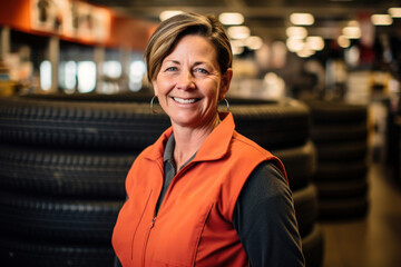 Content tire saleswoman assisting customers in the store filled with car tires