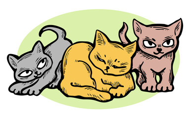 Cute cats friends sitting together. Decorative border, banner, postcard, poster print for kids room or birthday. Logo design for veterinary. Hand drawn illustration. Cartoon style character drawing.