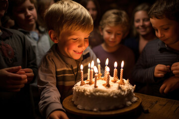 Obraz na płótnie Canvas A delighted little boy beaming with happiness as he stands beside his birthday cake illuminated by burning candles, radiating the pure joy of his special day