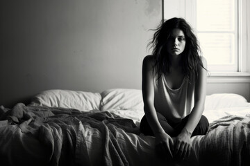 A young woman lost in her thoughts, experiencing a moment of crisis, sits on a bed, her face reflecting the depths of her emotional turmoil