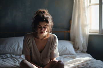 A poignant moment captured, a young woman in a state of crisis, sitting on a bed with a heavy heart, reflecting on her inner struggles - obrazy, fototapety, plakaty