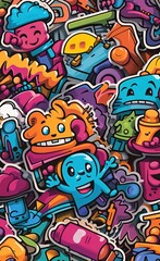 A set of colorful or vibrant graffiti art stickers. Street art theme, urban style for T-shirt design, graffiti design for wallpaper, wall art or print, Generative AI
