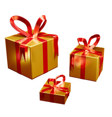 Golden presents with a red bow on a transparent background, png, Sinterklaas, Christmas, wedding, party, children's party, birthday, birth, post card, 3D render illustration