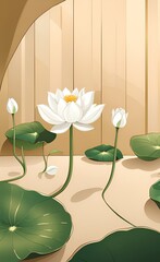 Digital illustration of a blooming white Lotus flowers with green leaves on a background of beige walls in the loft. Wallpapers and murals for interior, Generative AI