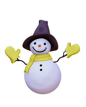 Snowman on a white background, christmas winter theme, 3D render illustration, card, olaf, cheerful, funny, happy,