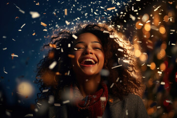Amidst a cascade of vibrant confetti, a radiant young woman beams with unbridled joy, her laughter echoing through the festive air