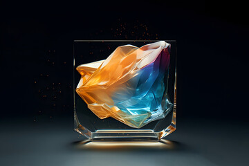 Abstract colorful transparent object on dark background. modern glossy colorful translucent fluid motion waves, 3D cube illustration. Generative AI
