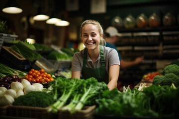 A young woman sells vegetables in a friendly manner at a produce store, smiling warmly