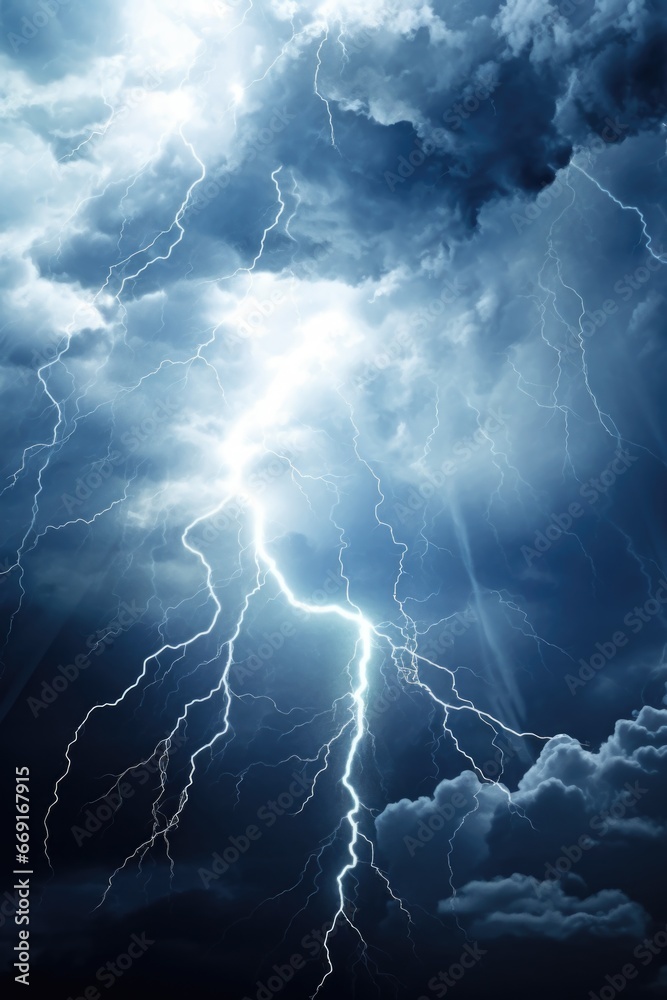 Poster a powerful lightning bolt cuts through the cloudy sky. this image captures the intensity and beauty 