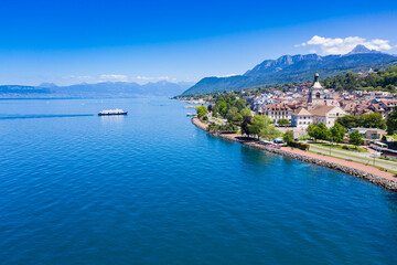 Aerial view of Evian (Evian-Les-Bains) city in Haute-Savoie in France - 669167934