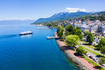 Aerial view of Evian (Evian-Les-Bains) city in Haute-Savoie in France - 669167949