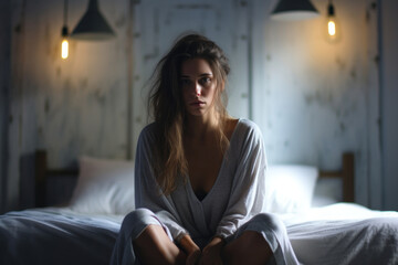 A young woman sits on a bed in a room, her face expressing sadness and despair - obrazy, fototapety, plakaty