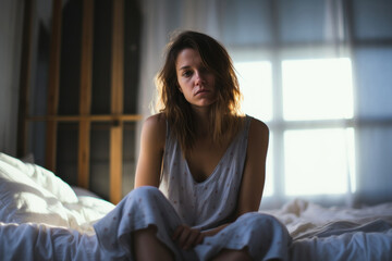 A young woman, her face reflecting sorrow, sits on the bed in a somber room, consumed by depression