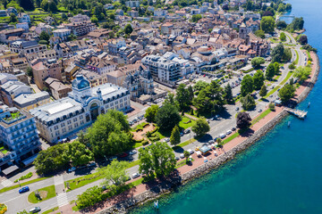 Aerial view of Evian (Evian-Les-Bains) city in Haute-Savoie in France