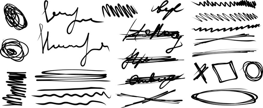 vector hatching, strikethrough hand drawn children's doodle. illegible handwriting large set