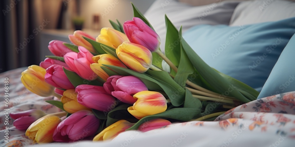 Poster A bunch of yellow and pink tulips arranged on a bed. This image can be used to add a touch of color and freshness to various projects.
