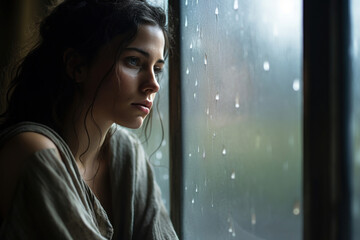 A beautiful, sorrowful woman stands by the window, her eyes reflecting the depths of her sadness and the burden of disappointment