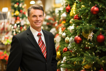 Festive Business Ambiance: A man in a tie stands near a Christmas tree indoors, representing a store owner specializing in holiday decorations
