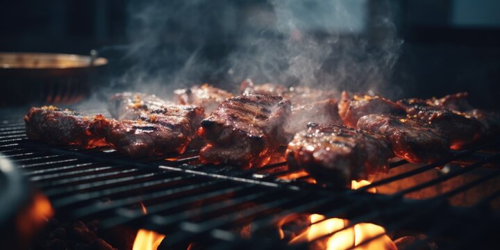 A picture of a bunch of meat cooking on a grill. This image can be used to showcase outdoor grilling, barbecues, or cooking meat.