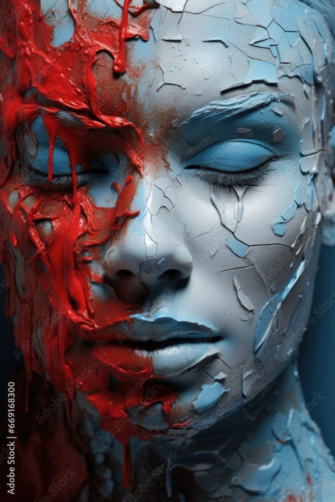 Poster A close up view of a woman's face with vibrant paint on it. This image can be used for creative projects, art concepts, or makeup tutorials.