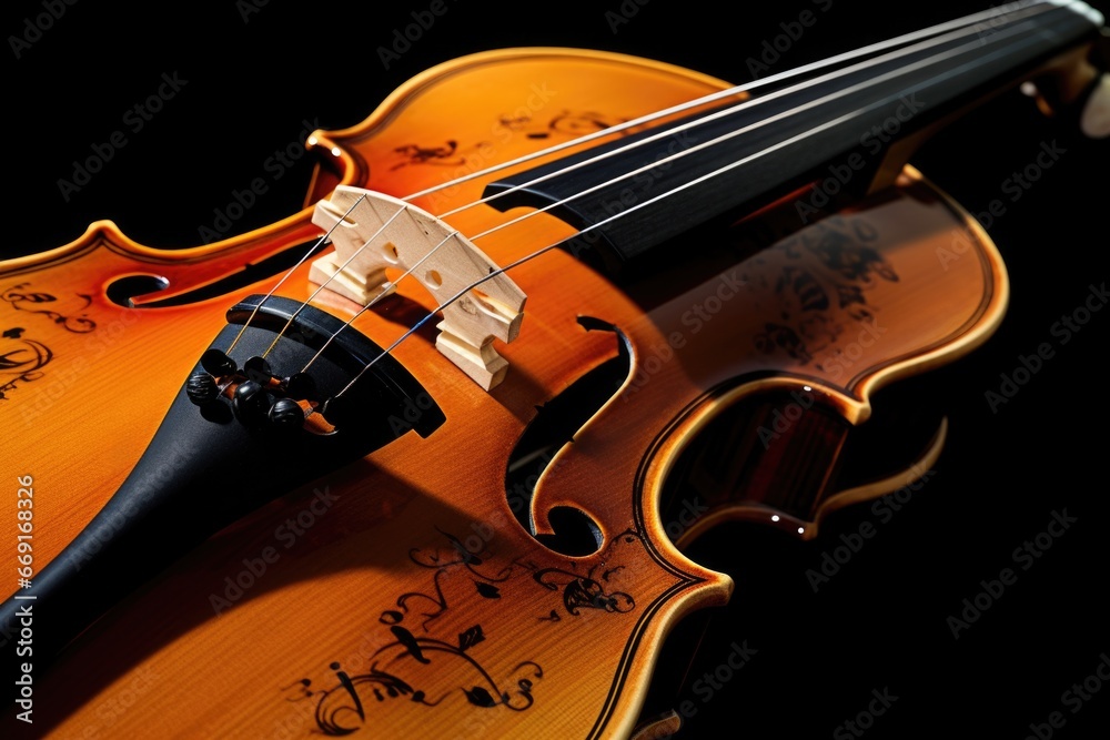 Poster A close-up view of a violin on a black background. This image can be used for music-related designs or to represent the elegance and beauty of classical instruments.