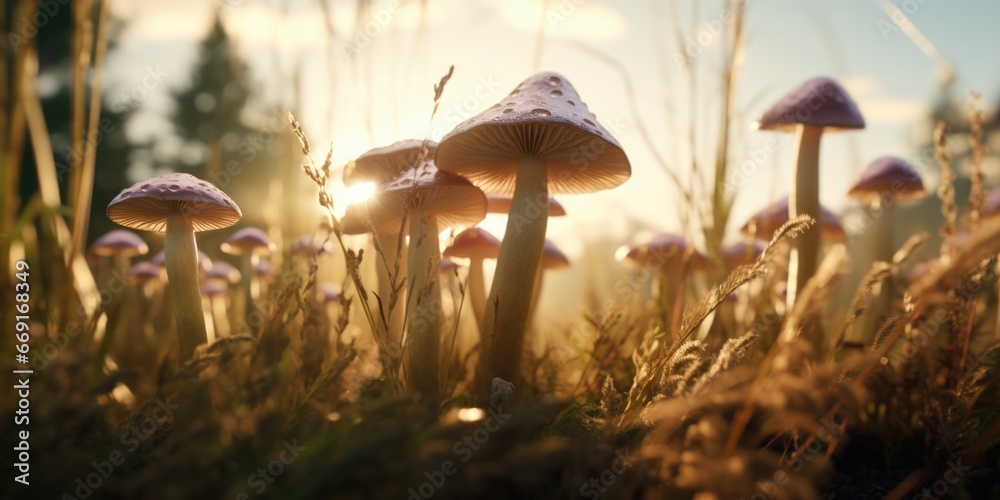 Poster a picture featuring a group of mushrooms in the grass. perfect for nature and outdoor-related projec