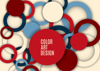 Colorful geometric abstract background. Overlapping colorful circles and rings. Modern elegance, bright fashion background. Brochure and banner template. Vector