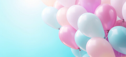 Beautiful panoramic background with pink and blue balloons, Group of pastel party balloons on soft background, Concept of happiness, joy, birthday, Wide Angle Holiday Web Banner With Copy Space